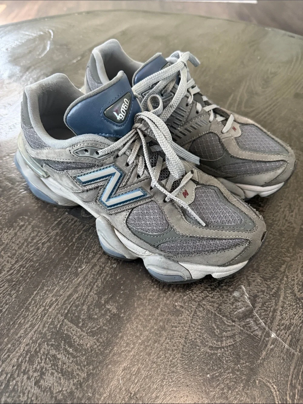 New Balance 9060 Gray Sneakers with Blue Logo Accents